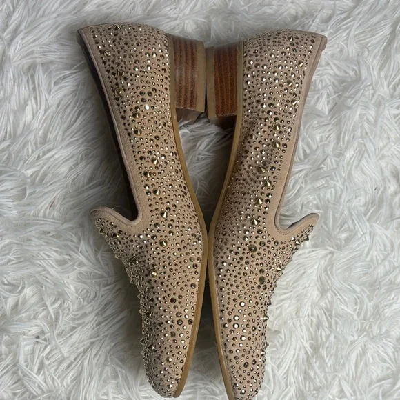 Stuart Weitzman Slipbeads Beige Blush Suede Gold Studded Loafer Flats - Picture 3 of 6